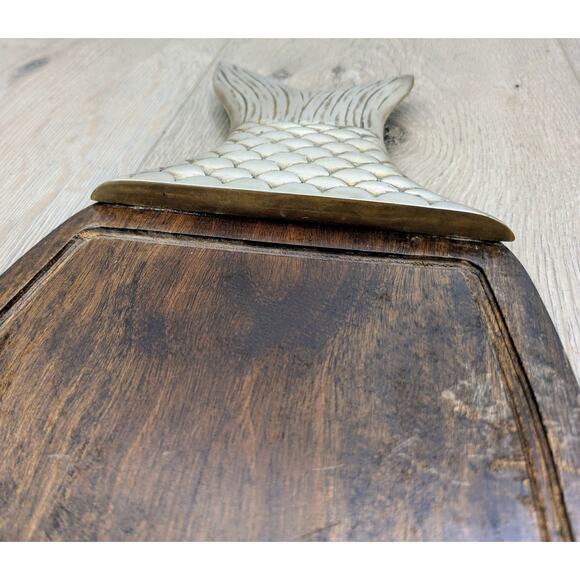 VTG Rosenthal Netter Serving Charcuterie Sushi Board Brass Teak Wood Fish Shaped - Picture 5 of 11